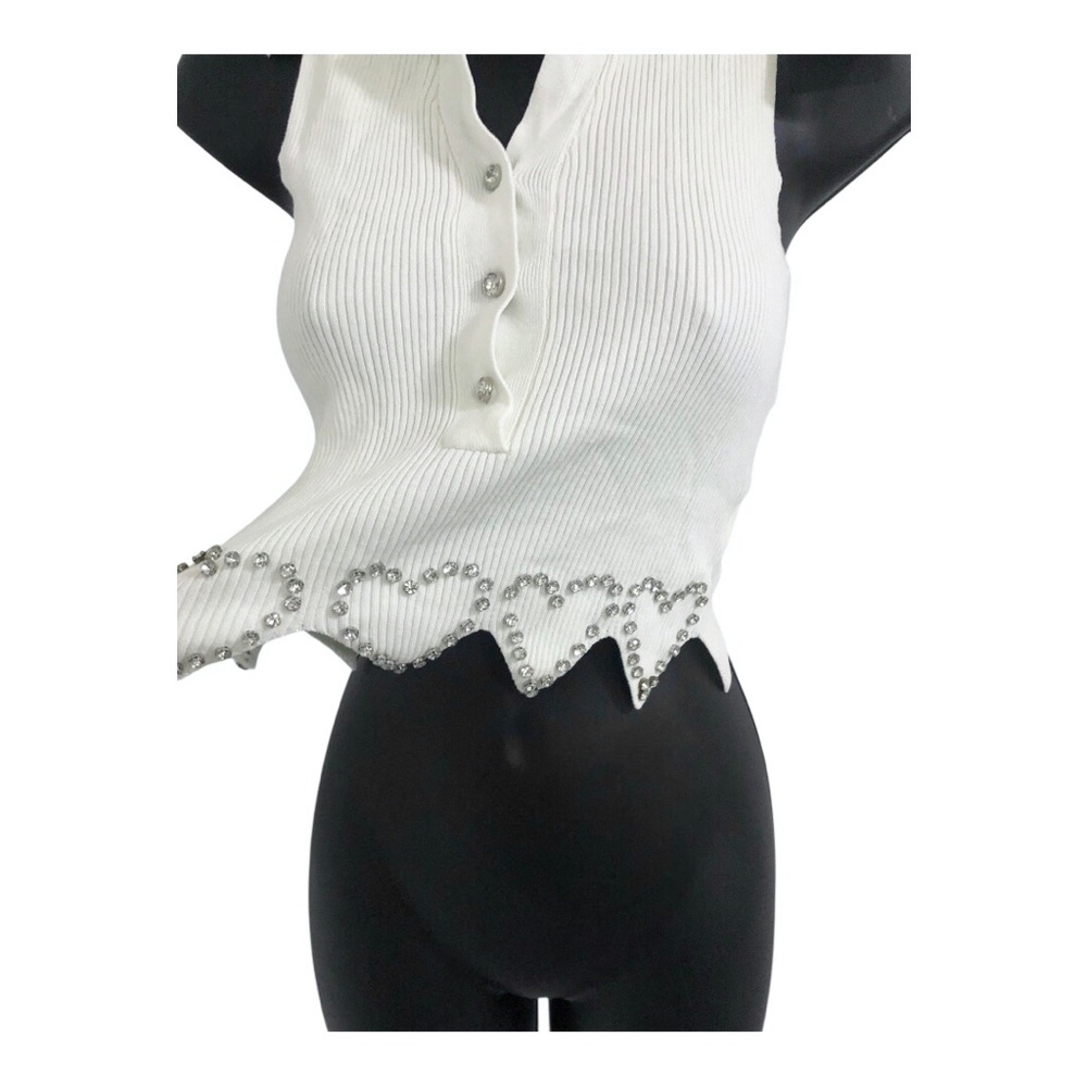 white cz diamond rhinestone heart shape scallop hem crop knit top size Small new - Picture 4 of 11